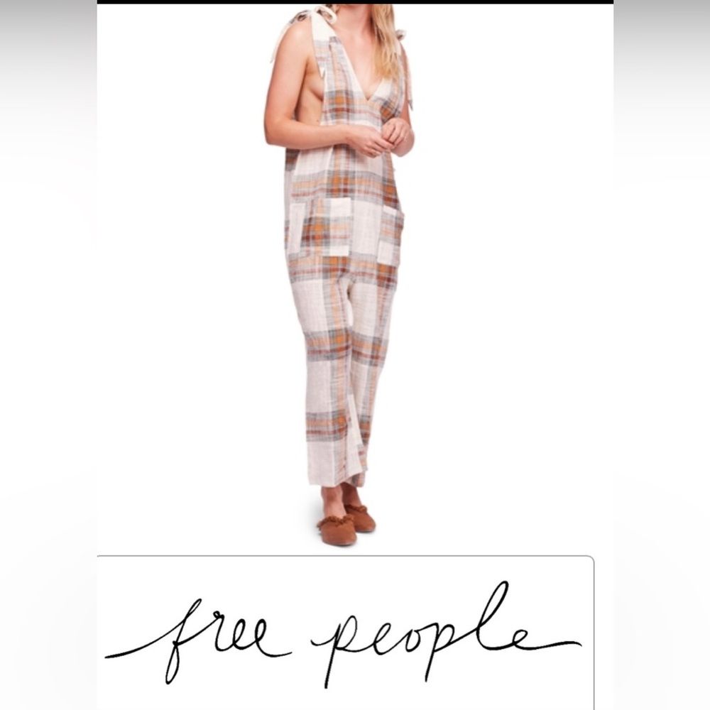 {Free People} Super cute light weight linen plaid jumpsuit